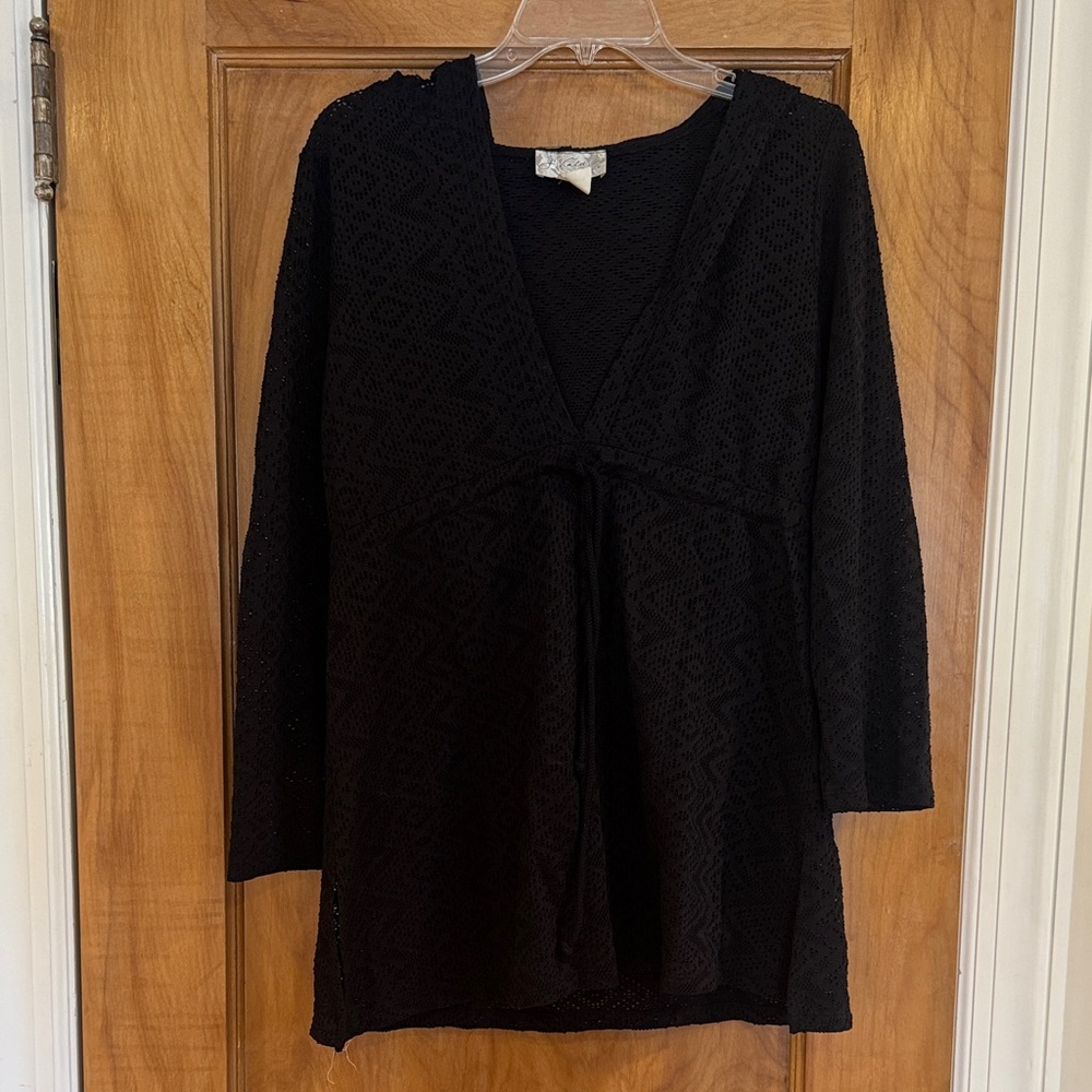 Black Crochet V-Neck Swim Coverup Tunic with Tie